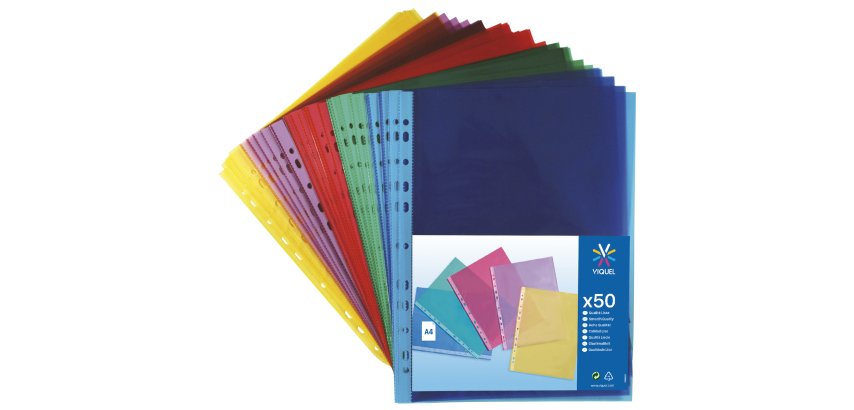 Pochettes perforées VIQUEL A4 polypropylène couleur lisse 5/100e – Boite de 50