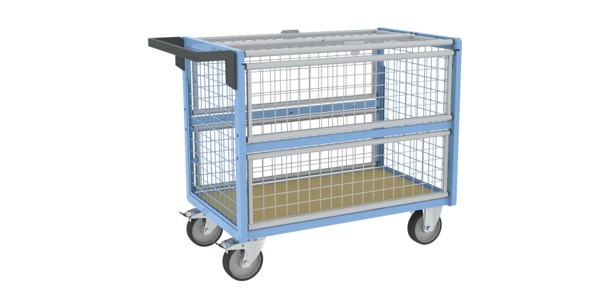 Chariot conteneur grillagé avec toit plateau bois médium 500 kg 1000 x 600 mm roue TPE