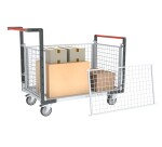Chariot modulaire grillagé 2 dossiers + 2 ridelles plateau bois 250 kg 850 x 500 mm roue TPE