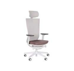 Chaise de bureau ergonomique Marti, tissu et maille, mécanisme synchrone + réglage profondeur d'assise, appui-tête, accoudoirs 3D , piètement roulettes blanc