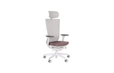 Chaise de bureau ergonomique Marti, tissu et maille, mécanisme synchrone + réglage profondeur d'assise, appui-tête, accoudoirs 3D , piètement roulettes blanc