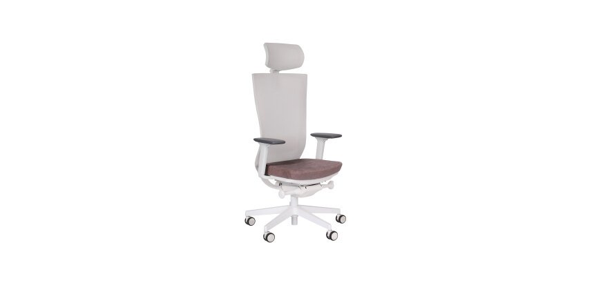 Chaise de bureau ergonomique Marti, tissu et maille, mécanisme synchrone + réglage profondeur d'assise, appui-tête, accoudoirs 3D , piètement roulettes blanc