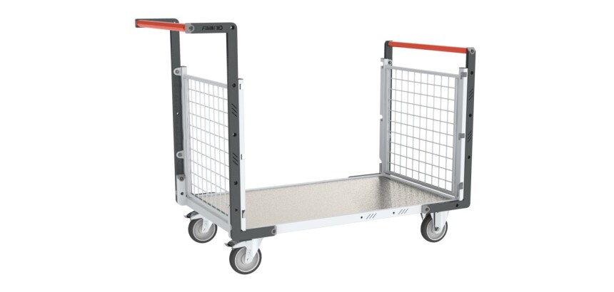 Chariot modulaire grillagé 2 dossiers plateau tôle galvanisée 250 kg 1000 x 600 mm roue TPE