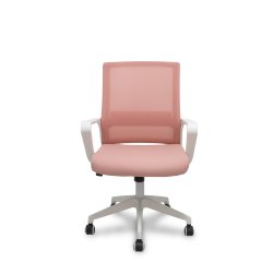 Fauteuil inclinable Ergo535 blanc avec dossier en maille rose, assise en tissu rose et roulettes en nylon