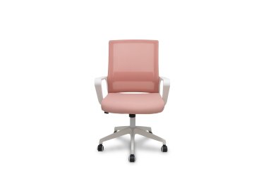 Fauteuil inclinable Ergo535 blanc avec dossier en maille rose, assise en tissu rose et roulettes en nylon
