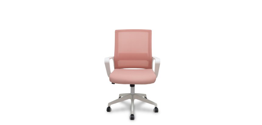 Fauteuil inclinable Ergo535 blanc avec dossier en maille rose, assise en tissu rose et roulettes en nylon