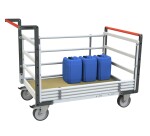 Chariot modulaire tube 2 dossiers + 2 ridelles plateau bois 500 kg 1000 x 600 mm roue TPE en rectangle