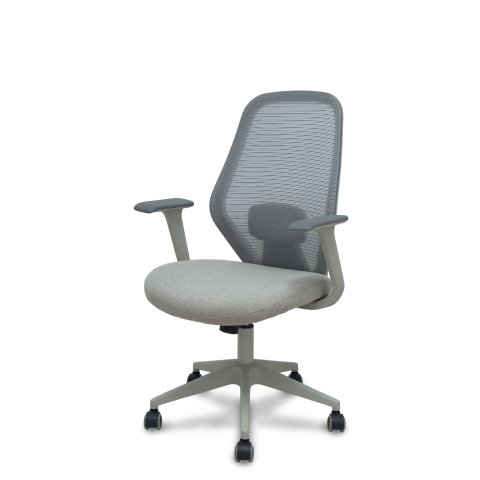 Silla operativa con respaldo de malla y brazos fijos. - Gris claro