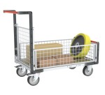 Chariot modulaire grillagé 1 dossier et 3 demi-ridelles plateau bois 1200 x 800 mm roues rectangle 500 kg