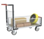 Chariot modulaire grillagé 1 dossier et 3 demi-ridelles plateau bois 1000 x 600 mm roues rectangle 500 kg