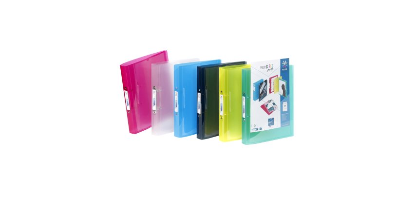 Classeur 2 anneaux plastifié Viquel Propyglass personnalisable A4 – Dos 3.5 cm couleurs assorties translucides