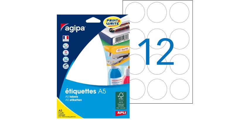Étiquettes rondes multi-usages blanches Ø 45 mm Agipa 101955 - Pochette de 192