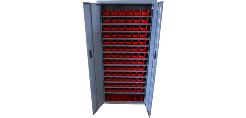 Armoire avec 84 bacs 1L rouge- 760x260x1600 avec portes