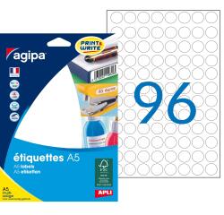 Étiquettes rondes multi-usages blanches Ø 15 mm Agipa 114002 - Pochette de 1536