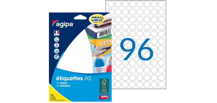 Étiquettes rondes multi-usages blanches Ø 15 mm Agipa 114002 - Pochette de 1536