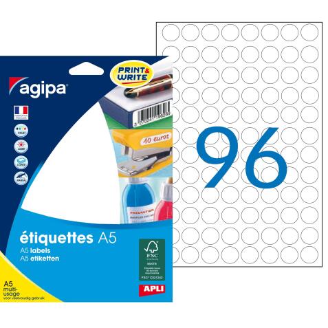 Etiquette ronde multi-usages blanches Agipa - Etui A5 - 16 feuilles