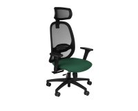 Fauteuil de bureau ergonomique NODI, tissu et maille, avec accoudoirs 3D et appui-tête, mécanisme synchrone, pieds noirs - Vert foncé