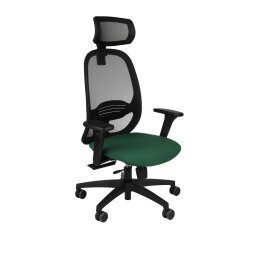 Fauteuil de bureau ergonomique NODI, tissu et maille, avec accoudoirs 3D et appui-tête, mécanisme synchrone, pieds noirs - Vert foncé