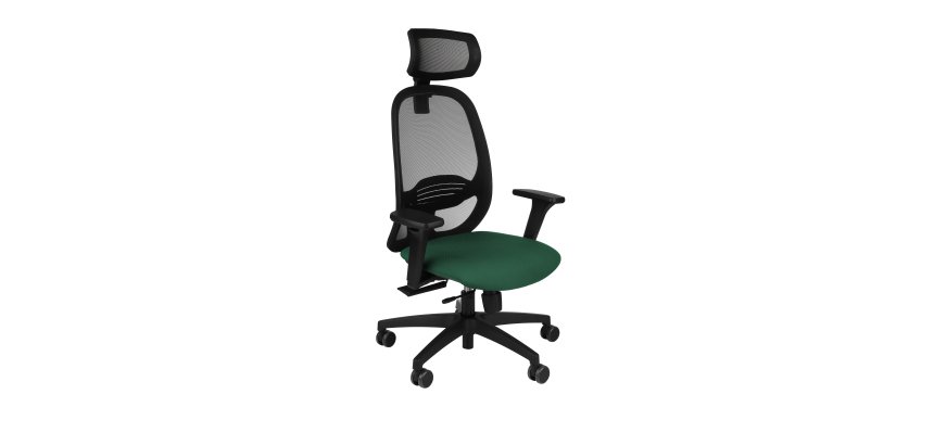 Fauteuil de bureau ergonomique NODI, tissu et maille, avec accoudoirs 3D et appui-tête, mécanisme synchrone, pieds noirs