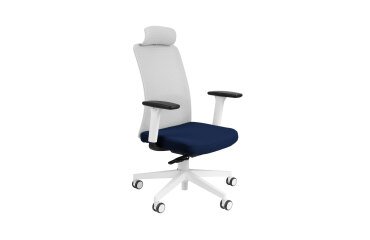 Chaise de bureau ergonomique NICO tissu et maille, avec accoudoirs 3D, appuie-tête, mécanisme synchrone + réglage profondeur d'assise, pieds blancs