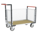 Chariot modulaire grillagé 2 dossiers + 1 ridelle plateau bois 500 kg 1200 x 800 mm roue TPE en rectangle