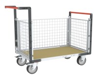 Chariot modulaire grillagé 2 dossiers + 1 ridelle plateau bois 500 kg 1200 x 800 mm roue TPE en rectangle