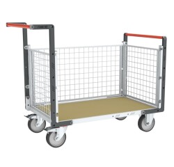 Chariot modulaire grillagé 2 dossiers + 1 ridelle plateau bois 500 kg 1200 x 800 mm roue TPE en rectangle