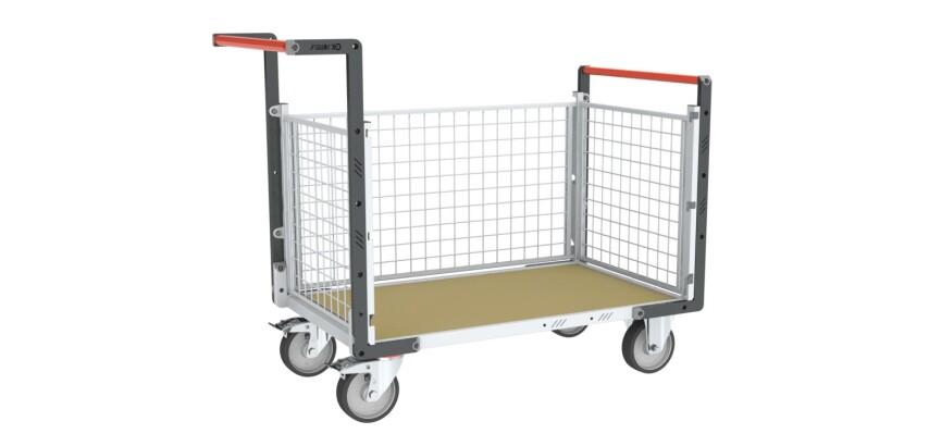 Chariot modulaire grillagé 2 dossiers + 1 ridelle plateau bois 500 kg 1200 x 800 mm roue TPE en rectangle