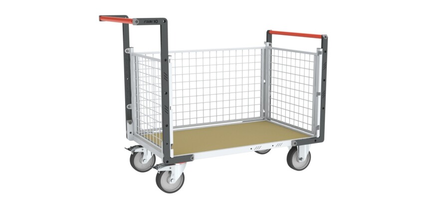 Chariot modulaire grillagé 2 dossiers + 1 ridelle plateau bois 500 kg 1200 x 800 mm roue TPE en rectangle