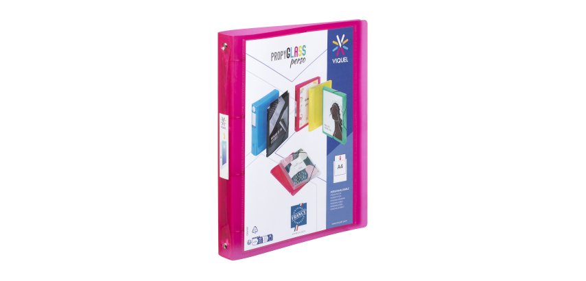 Classeur 4 anneaux plastifié Viquel Propyglass personnalisable A4 - Dos 3,5 cm - A4 - translucide framboise