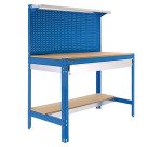 Banco de trabajo Simonwork BT3 con panel, fondo y repisa An 120 cm azul/madera