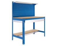 Banco de trabajo Simonwork BT3 con panel, fondo y repisa An 120 cm azul/madera