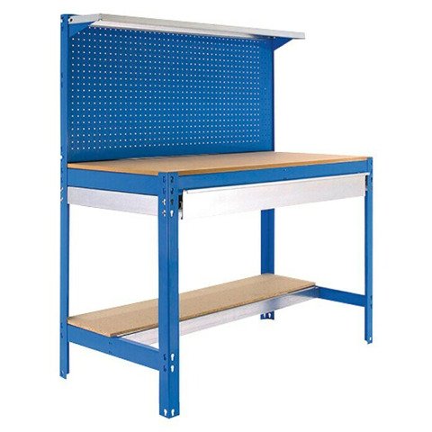 Banco de trabajo Simonwork BT3 con panel, fondo y repisa An 120 cm azul/madera