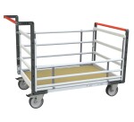 Chariot modulaire tube 2 dossiers + 2 ridelles plateau bois 500 kg 1000 x 600 mm roue TPE en rectangle