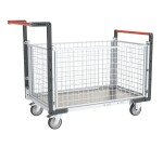 Chariot modulaire grillagé 2 dossiers + 2 ridelles plateau tôle galvanisée 250 kg 1000 x 600 mm roue TPE