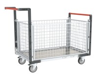 Chariot modulaire grillagé 2 dossiers + 2 ridelles plateau tôle galvanisée 250 kg 1000 x 600 mm roue TPE
