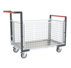 Chariot modulaire grillagé 2 dossiers + 2 ridelles plateau tôle galvanisée 250 kg 1000 x 600 mm roue TPE