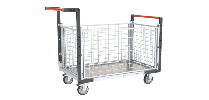 Chariot modulaire grillagé 2 dossiers + 2 ridelles plateau tôle galvanisée 250 kg 1000 x 600 mm roue TPE