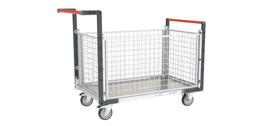 Chariot modulaire grillagé 2 dossiers + 2 ridelles plateau tôle galvanisée 250 kg 1000 x 600 mm roue TPE
