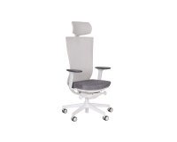 Chaise de bureau ergonomique Marti, tissu et maille, mécanisme synchrone + réglage profondeur d'assise, appui-tête, accoudoirs 3D , piètement roulettes blanc