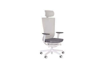 Chaise de bureau ergonomique Marti, tissu et maille, mécanisme synchrone + réglage profondeur d'assise, appui-tête, accoudoirs 3D , piètement roulettes blanc