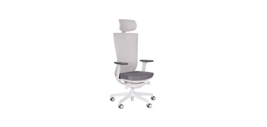 Ergonomischer Bürostuhl Marti, Stoff und Mesh, Synchronmechanismus + Sitztiefenverstellung, Kopfstütze, 3D-Armlehnen, weißes Rollengestell