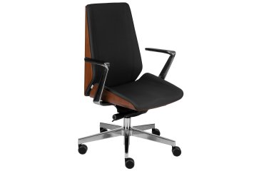 Chaise de bureau ergonomique MOON WOOD simili cuir, placage bois noyer clair, mécanisme synchrone, accoudoirs fixes, pieds en aluminium