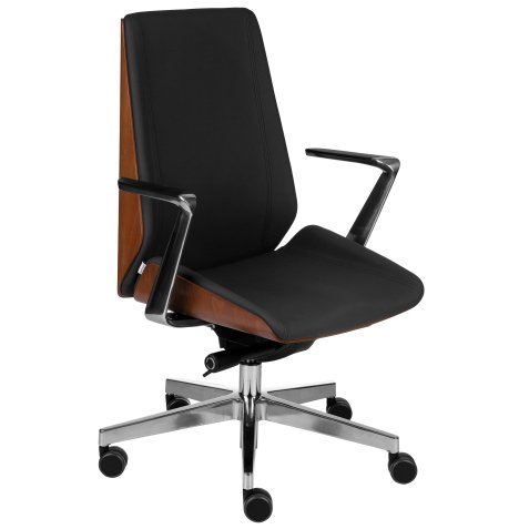 Chaise de bureau ergonomique MOON WOOD simili cuir, placage bois noyer clair, mécanisme synchrone, accoudoirs fixes, pieds en aluminium