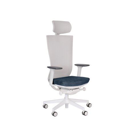 Chaise de bureau ergonomique Marti, tissu et maille, mécanisme synchrone + réglage profondeur d'assise, appui-tête, accoudoirs 3D , piètement roulettes blanc