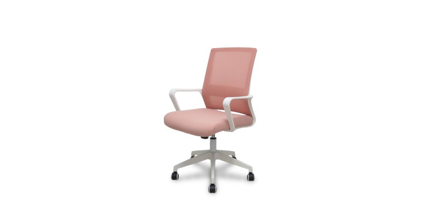 
Silla Ergo535 blanca basculante respaldo malla rosa asiento tela rosa ruedas nailon