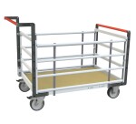Chariot modulaire tube 2 dossiers + 2 ridelles plateau bois 500 kg 1000 x 600 mm roue TPE en rectangle