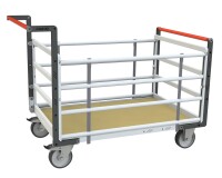 Chariot modulaire tube 2 dossiers + 2 ridelles plateau bois 500 kg 1000 x 600 mm roue TPE en rectangle