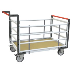 Chariot modulaire tube 2 dossiers + 2 ridelles plateau bois 500 kg 1000 x 600 mm roue TPE en rectangle