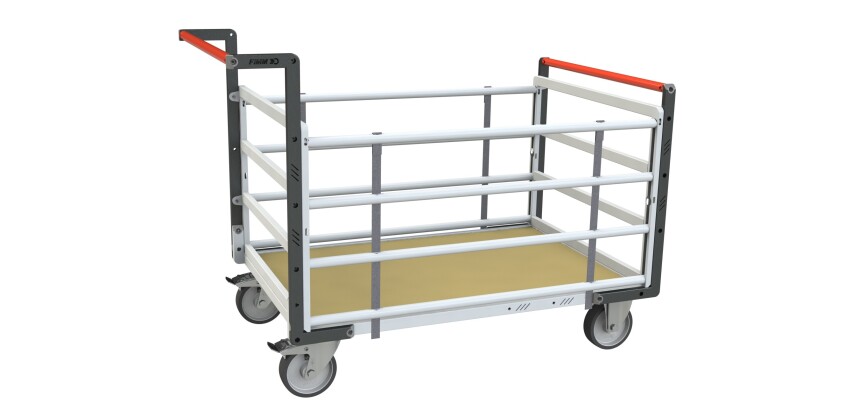 Chariot modulaire tube 2 dossiers + 2 ridelles plateau bois 500 kg 1000 x 600 mm roue TPE en rectangle